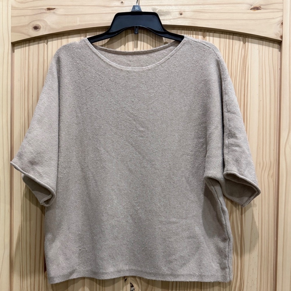 Khaki Beige Short Sleeve Knit Boxy Top M7D634 Crew Neck Relaxed Fit L